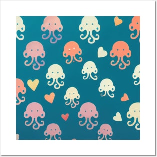 Under the Sea with Octopi in Love - Super Cute Colorful Cephalopod Pattern Posters and Art